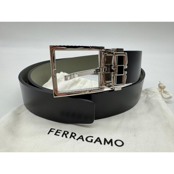 SALVATORE FERRAGAMO reversible leather men's dress belt BLACK/ SAGE -90cm - Picture 4 of 14